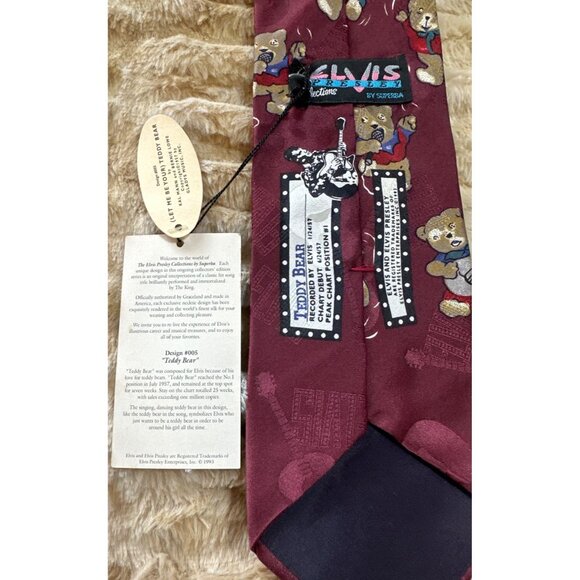 Vintage (1990) Elvis Presley Collection Teddy Bear‎ Tie Burgundy, NWT, 100% Silk - Picture 3 of 4